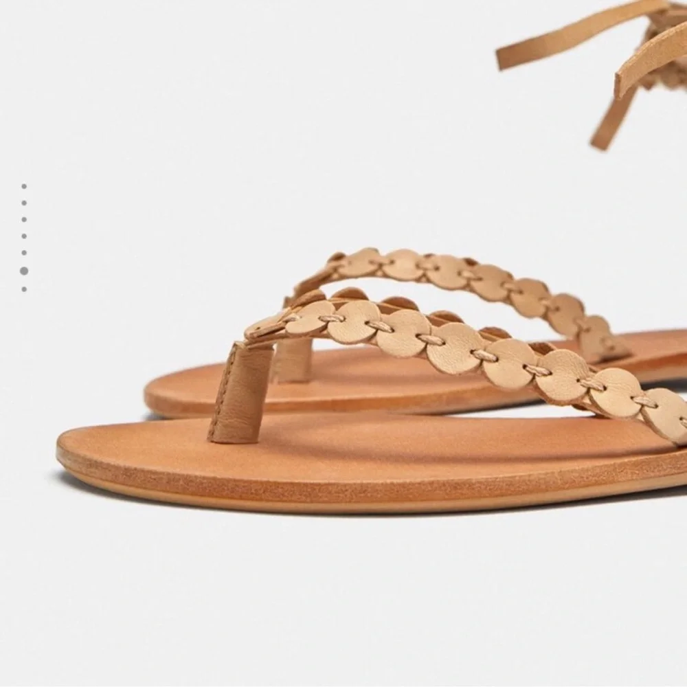 Zara Flat Leather Sandals light tan NWT - Picture 4 of 6